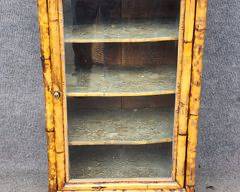 Antique Bamboo Rattan Glass Front Display Cabinet with Wall Papered Sides & Shelves