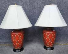 Pair Gilt & Rust Bamboo Style Table Lamps with shades