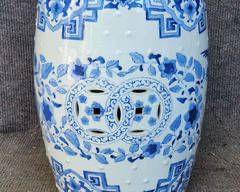 Vintage Asian Porcelain Blue and White Garden Seat - Repaired