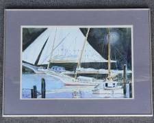 1985 Water color Painting D. Geehring Framed Print Boats in Harbor 3 Jacks