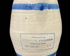 Antique RRP Co Stoneware Pitcher Double blue Stripe made out to Rudolph Propper
