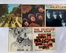 Vintage The Beatles Vinyl Records - ST-2576 Revolver (Stereo) on Rainbow Capitol Records, T 2080 The Beatles Second Album(MONO) On Rainbow Capitol, T-2442 Rubber Soul(MONO) on Rainbow Capitol, SO-383 Abbey Road(Stereo) on Apple Records, and ST-2047 Meet The Beatles(Stereo) On Rainbow Capitol