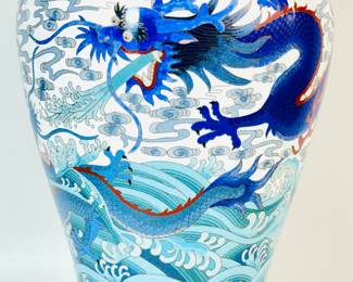 Massive Asian 14.5-inch Signed Cloissone 5 Toed Dragons On Ocean Vase with Wood Stand.