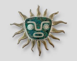 Huge Mexican Sterling Silver Turquoise Sun God Necklace Statement Pendant 70 Grams Abstract MCM