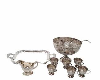Vintage Silver plated Footed Punch Bowl with Ladle and 6 cup silver plated serving tray