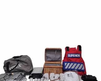 New Picnic Basket with serving set Intex Air bed Life vest Binoculars Binolux 10x50 Trap