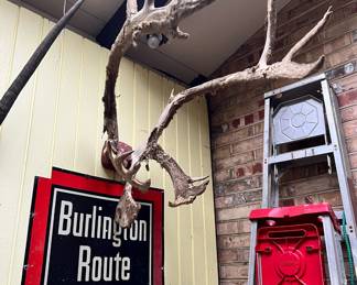 Wall Mounted Elk Horns, Burlington Route Metal Sign