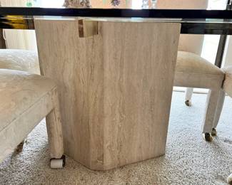 Glass Top Dining Table with Stone Base, Set of 6 White Upholstered Rolling Dining Chairs