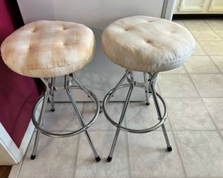 Pair of White and Cream Upholstered Stools with Chrome Base