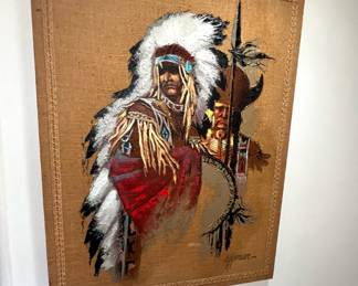 Native American Chief Painting on Burlap by Wyman 