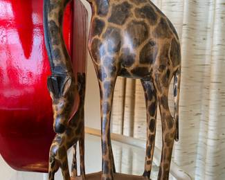 Wood Carved Mother and Baby Giraffe Sculpture