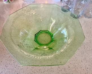 Etched Green Depression Glass Octagon Bowl