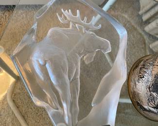 Mats Jonasson Etched Moose Crystal Paperweight