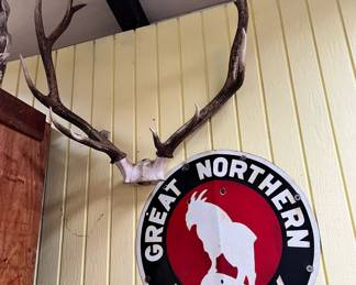 Wall Mounted Elk Horns, Great Northern Rail Way Metal Sign
