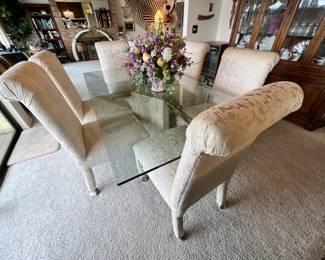 Glass Top Dining Table with Stone Base, Set of 6 White Upholstered Rolling Dining Chairs