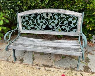 Green Iron and Wood Outdoor Bench