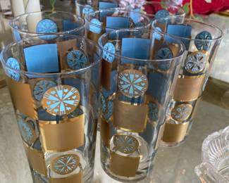 Set of 7 Culver Carnival Highball Glasses - 22K Gold Medallions