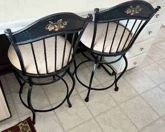 Pair of Black Metal Bar Stools with Painted Fruit Design