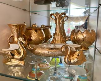 Art Deco 22KT Gold Plated Vase, American Bisque Co 22 KT Gold Plated -  Double Handled Vase, Covered Candy Dish, Shallow Oval Bowl