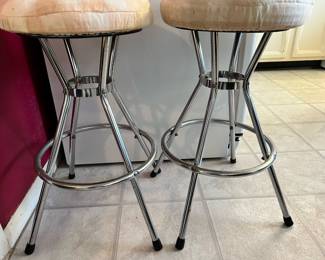 Pair of White and Cream Upholstered Stools with Chrome Base