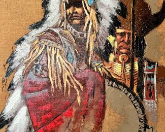 Native American Chief Painting on Burlap by Wyman 