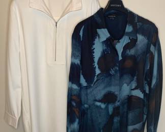 LAFAYETTE 148 Shirt Pair "F" White Solid & Blue Wool/Silk Print - Size XXL