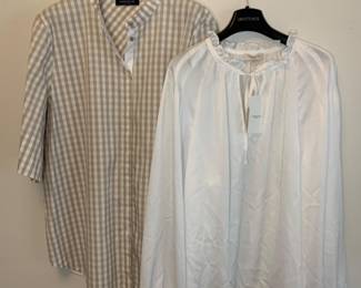 LAFAYETTE 148 Shirt Pair "N" (1 NWT ) Brown Gingham & White Gathered Neck - Approx. Size XXL