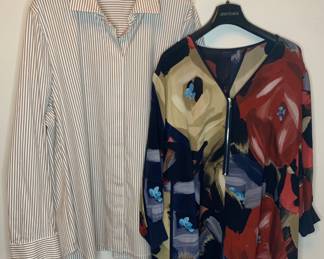 	LAFAYETTE 148 Shirt Pair "A" Tan Stripe & Multi-Print Silk - Size XXL