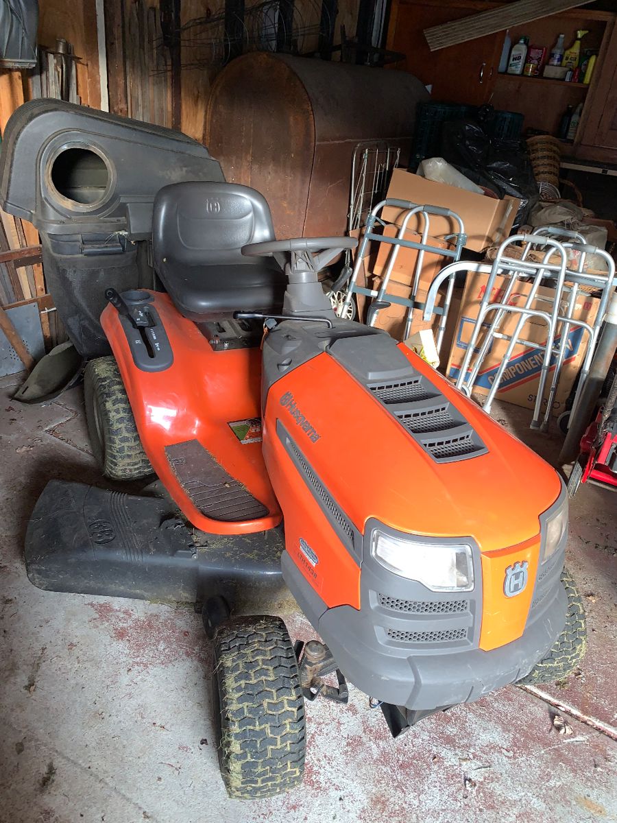Husqvarna LTH 1438 with triple bin bag attachment