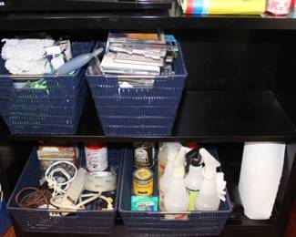 Shelving unit with baskets.                                                               34 1/2" W x 12 1/2" D x 29" H.  $40.00.