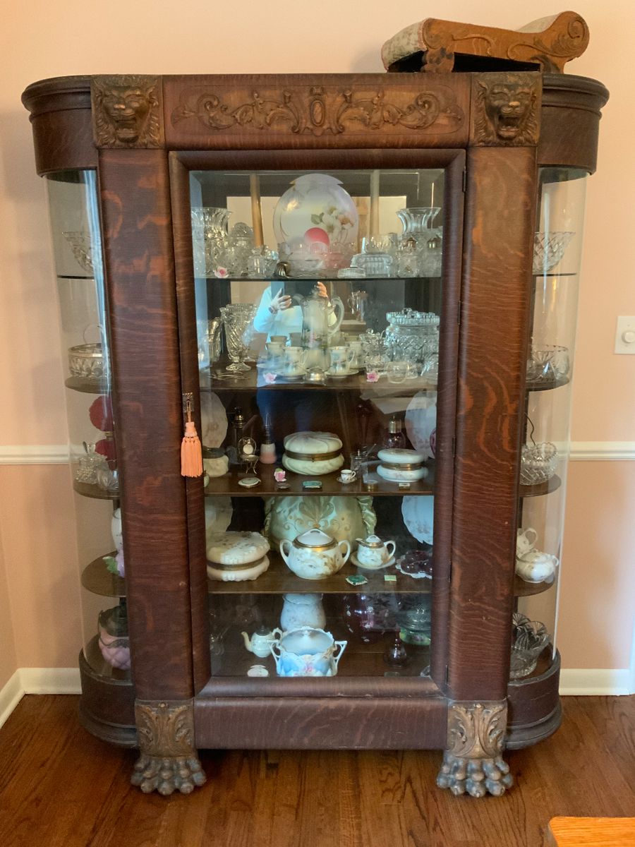 Lion and claw China Cabinet. 1800’s.  Curved glass.  Once in a lifetime piece.   