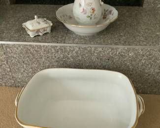 Antique directly from England porcelain foot bath bowl with matching pitcher and wash bowl and soap dish