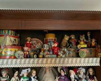 Antique tin toys (you will be amazed at this collection).  and vintage madam Alexander dolls