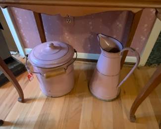 Pink enameled pot and pitcher  