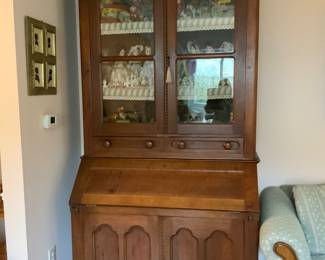 Maple desk with book case.  Antique glass.   All contents also for sale