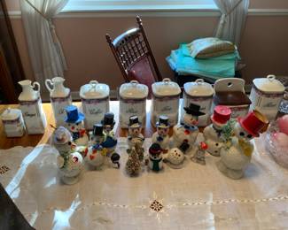 Paper mache snow man candy holders.      Czech canister set 