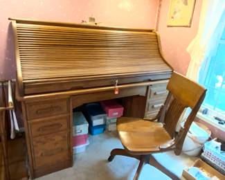 Oak roll top desk with chair