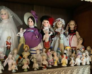 Vintage Madam Alexander dolls    Also antique porcelain pin doll cushion tops/heads