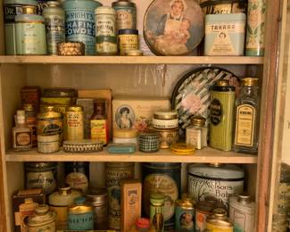 One of a kind antique  tins and talc bottles and soaps