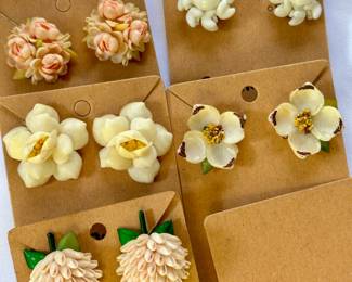 Vintage clip on floral earrings, some made from shells