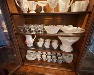Milk glass Punch Bowl with cups and other milk glass items