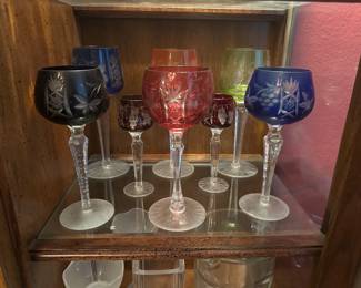 Vintage etched coloured wine glasses