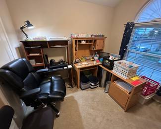 Teacher supplies and desk and chairs