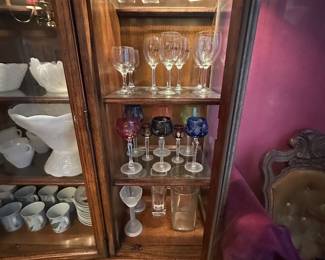 Masters glass set with ice bucket and pitcher & vintage coloured etched , wine glasses