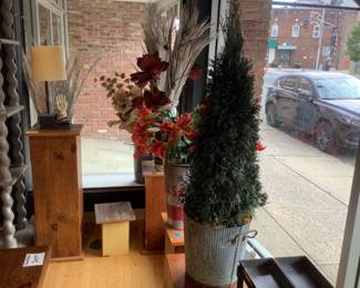 Faux flowers and tree in galvanized pot