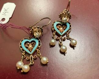 14K ENAMEL AND PEARL EARRINGS
