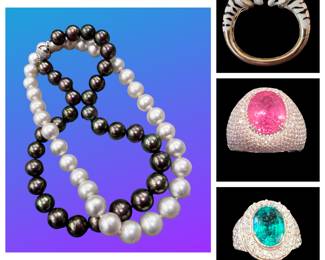 South sea pearls, Tahitian pearls, 18k enamel & diamond bracelet, pink sapphire & diamond ring, emerald and diamond ring