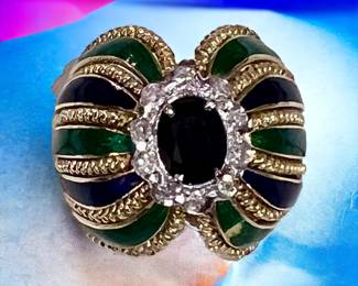 Blue sapphire, diamond & enamel cocktail ring