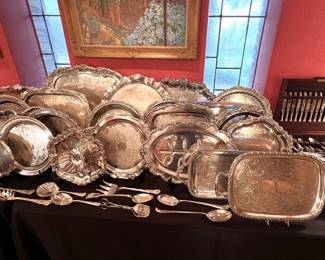 Silver trays, Don Vogel painting, Wallace “Rose Point” sterling flatware