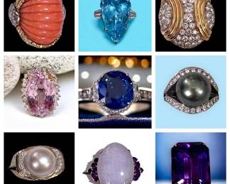 Coral, aquamarine, diamonds, gold, Kunzite, sapphire, Tahitian pearl, Mable pearl, purple jade, amethyst